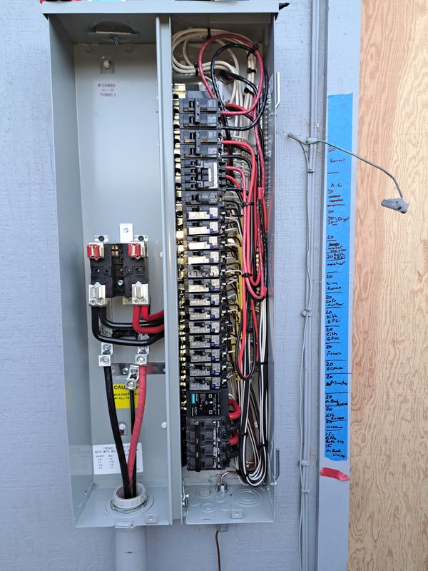 New meter-main combo panel wired with labeled breakers and a hand-written circuit directory