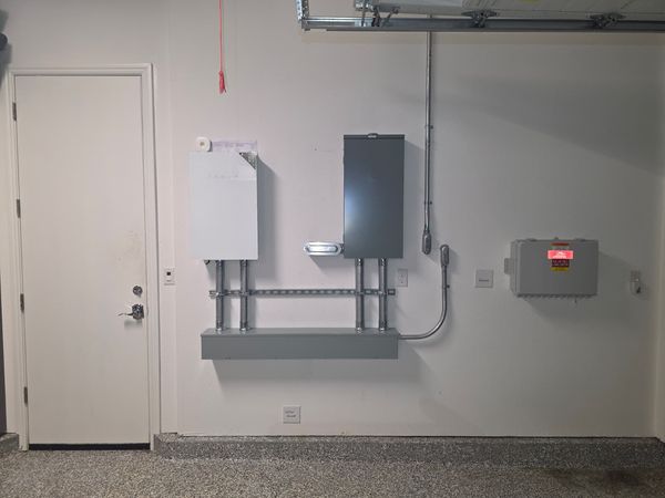 Wall-mounted backup gateway and subpanel on strut in the garage