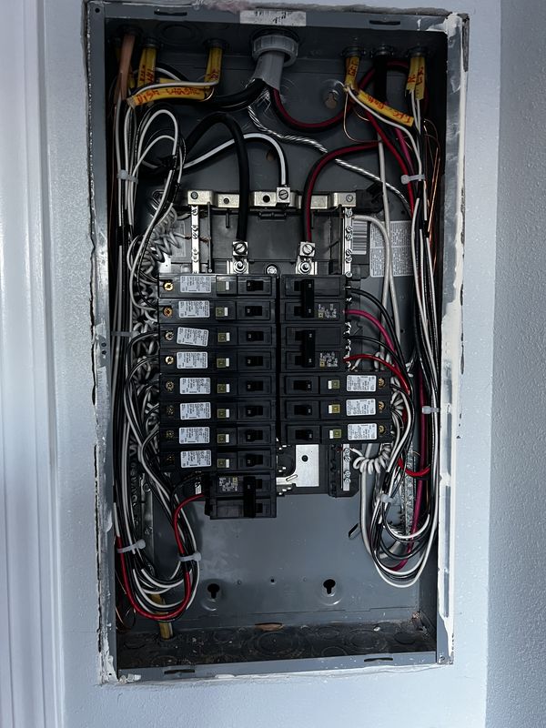 Panel interior with clean breaker arrangement and labeled conductors