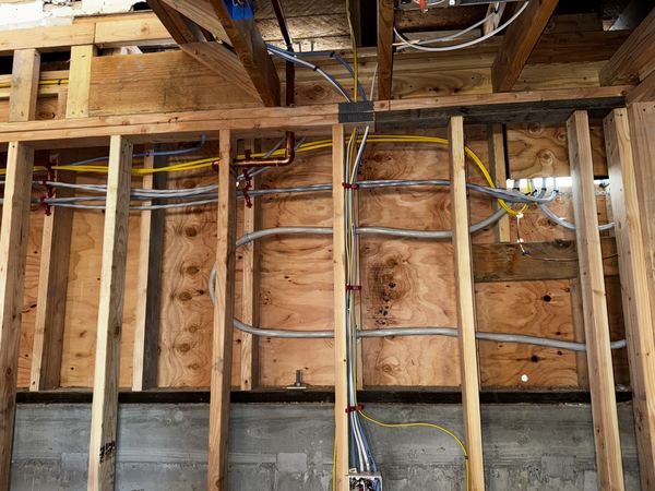 Open-wall rough-in with home-run branch circuits routed through nail-plated studs